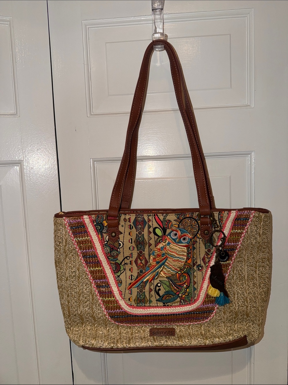 Sakroots Brown Tote with Multicolor Embroidered Owl